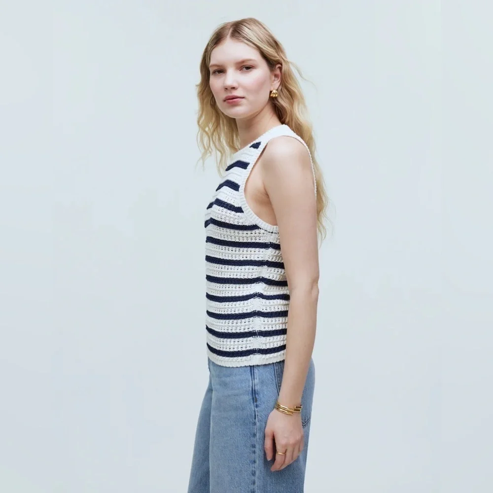 NWT Madewell Crochet-Knit Cotton Crewneck Sweater Tank in Navy Blue & Ivory, XS